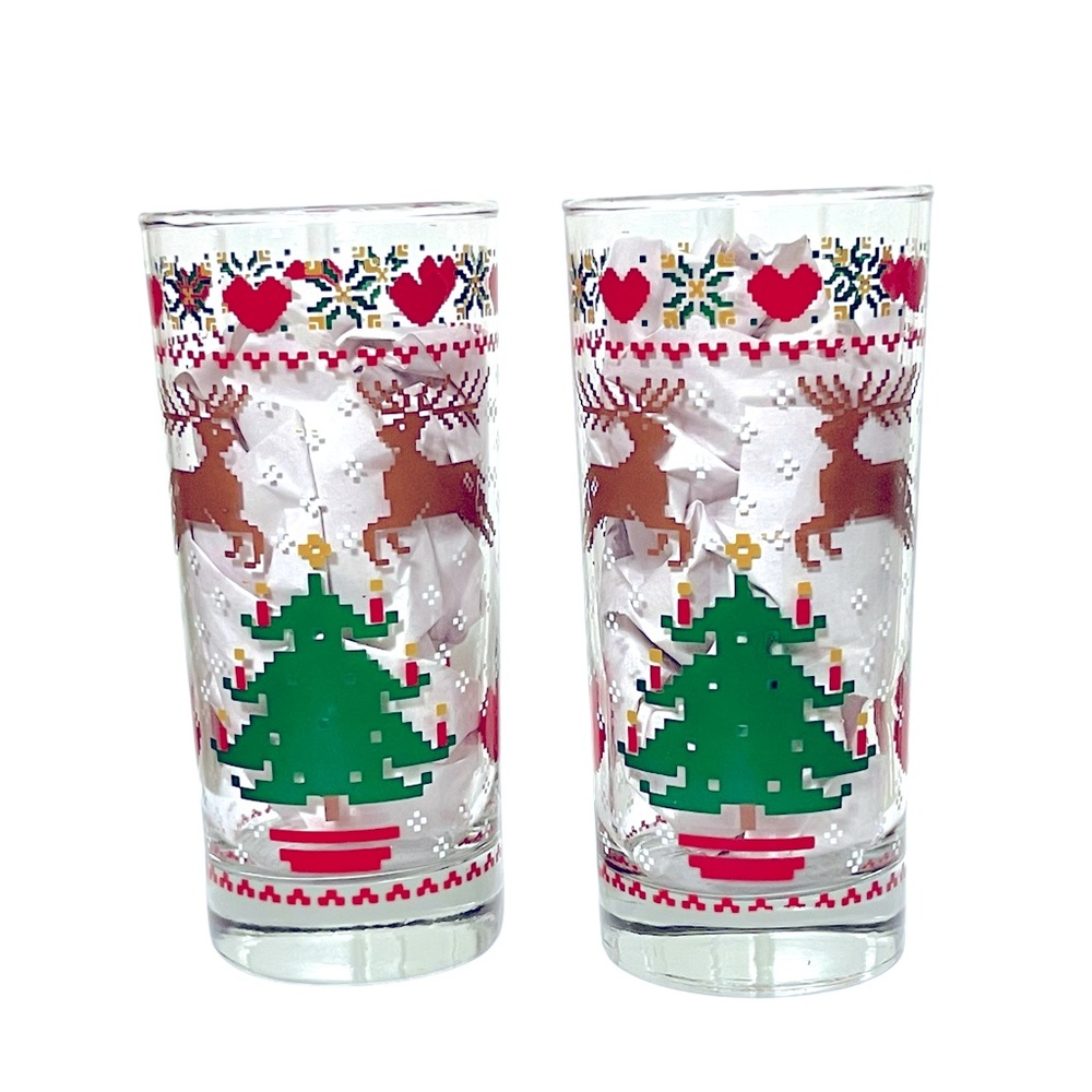 Vintage CHD 1984 Christmas Cross-Stitch Glasses Set